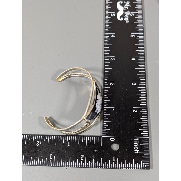 Alpaca Mexico Crescent Moon Shell Inlay Flower Cuff Bracelet Silver Tone 6" - Picture 9 of 10